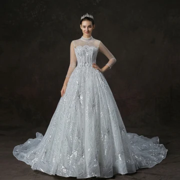 Bling Bling White See Through Wedding Dresses 2019 A Line Princess High Neck 3 4 Sleeve Backless Beading Glitter Sequins Cathedral Train Ruffle