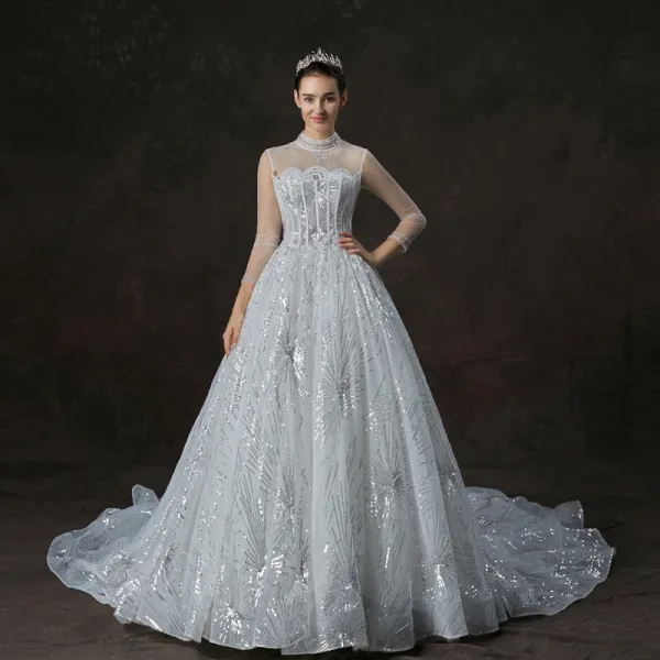 Bling Bling White See-through Wedding Dresses 2019 A-Line / Princess High Neck 3/4 Sleeve Backless Beading Glitter Sequins Cathedral Train Ruffle