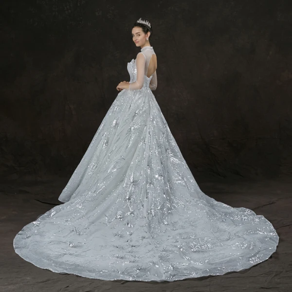 Bling Bling Weiß Durchsichtige Brautkleider / Hochzeitskleider 2019 A Linie Stehkragen 3/4 Ärmel Rückenfreies Perlenstickerei Glanz Pailletten Kathedrale Schleppe Rüschen