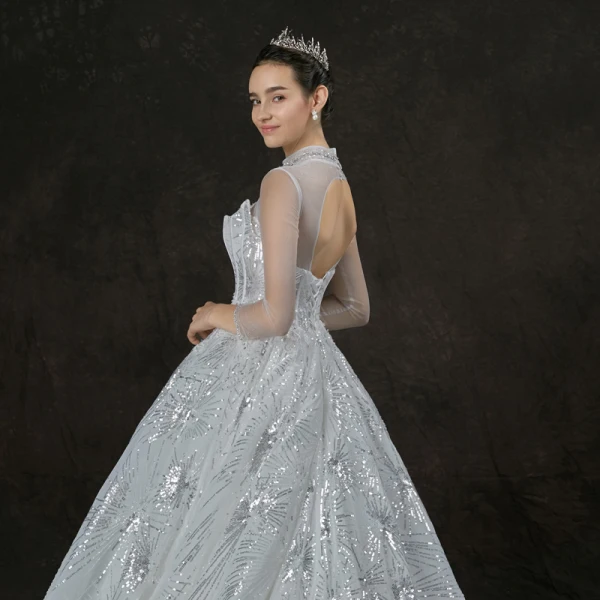 Bling Bling Weiß Durchsichtige Brautkleider / Hochzeitskleider 2019 A Linie Stehkragen 3/4 Ärmel Rückenfreies Perlenstickerei Glanz Pailletten Kathedrale Schleppe Rüschen