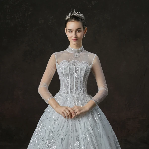 Bling Bling Weiß Durchsichtige Brautkleider / Hochzeitskleider 2019 A Linie Stehkragen 3/4 Ärmel Rückenfreies Perlenstickerei Glanz Pailletten Kathedrale Schleppe Rüschen