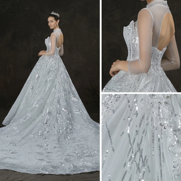Bling Bling Weiß Durchsichtige Brautkleider / Hochzeitskleider 2019 A Linie Stehkragen 3/4 Ärmel Rückenfreies Perlenstickerei Glanz Pailletten Kathedrale Schleppe Rüschen