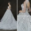 Bling Bling Weiß Durchsichtige Brautkleider / Hochzeitskleider 2019 A Linie Stehkragen 3/4 Ärmel Rückenfreies Perlenstickerei Glanz Pailletten Kathedrale Schleppe Rüschen