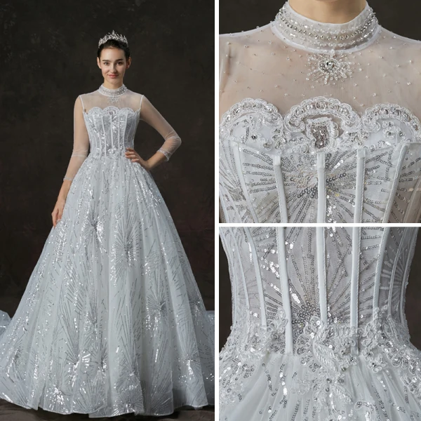 Bling Bling Weiß Durchsichtige Brautkleider / Hochzeitskleider 2019 A Linie Stehkragen 3/4 Ärmel Rückenfreies Perlenstickerei Glanz Pailletten Kathedrale Schleppe Rüschen