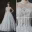 Bling Bling Weiß Durchsichtige Brautkleider / Hochzeitskleider 2019 A Linie Stehkragen 3/4 Ärmel Rückenfreies Perlenstickerei Glanz Pailletten Kathedrale Schleppe Rüschen