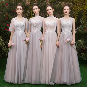 Snygga Fina Pärla Rosa Genomskinliga Tärnklänningar 2019 Prinsessa Appliqués Spets Långa Ruffle Halterneck Klänning Till Bröllop
