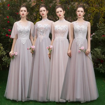 Chic Beautiful Pearl Pink See Through Bridesmaid Dresses 2019 A Line Princess Appliques Lace Floor Length Long Ruffle Backless Wedding Party Dresses