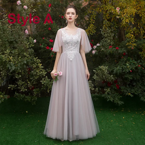 Chic / Beautiful Pearl Pink See-through Bridesmaid Dresses 2019 A-Line / Princess Appliques Lace Floor-Length / Long Ruffle Backless Wedding Party Dresses