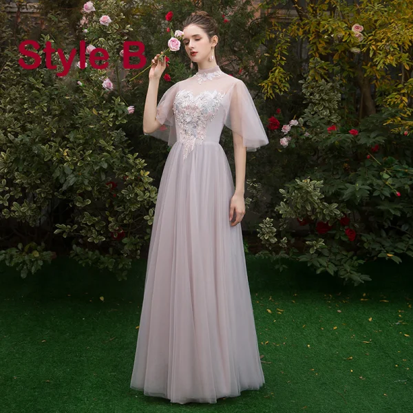 Chic / Beautiful Pearl Pink See-through Bridesmaid Dresses 2019 A-Line / Princess Appliques Lace Floor-Length / Long Ruffle Backless Wedding Party Dresses