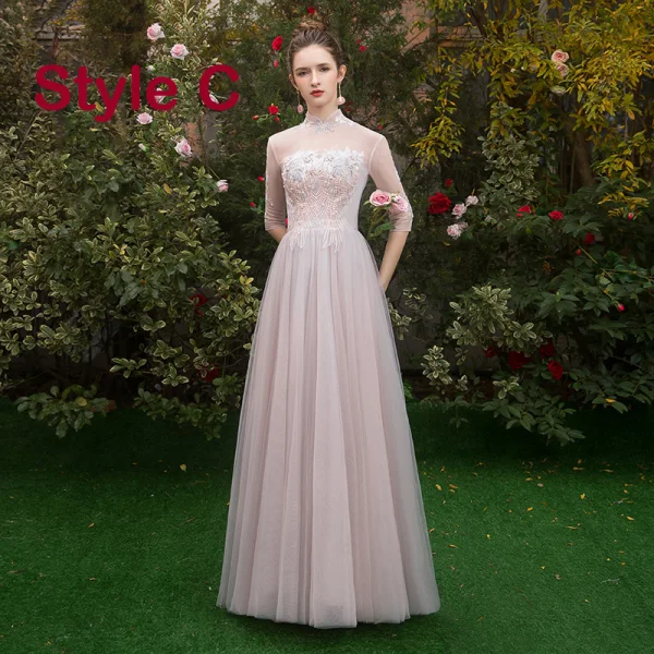 Chic / Beautiful Pearl Pink See-through Bridesmaid Dresses 2019 A-Line / Princess Appliques Lace Floor-Length / Long Ruffle Backless Wedding Party Dresses