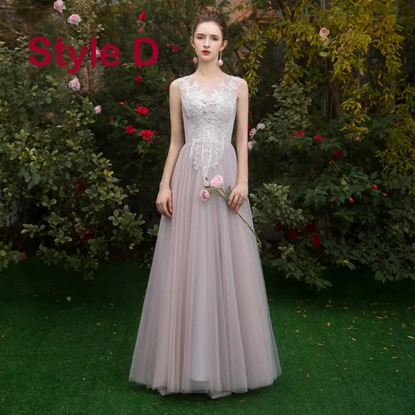 Chic / Beautiful Pearl Pink See-through Bridesmaid Dresses 2019 A-Line / Princess Appliques Lace Floor-Length / Long Ruffle Backless Wedding Party Dresses