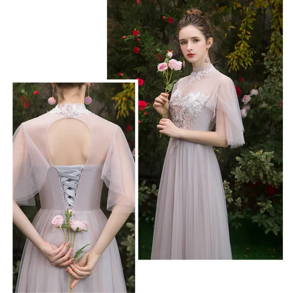 Chic / Beautiful Pearl Pink See-through Bridesmaid Dresses 2019 A-Line / Princess Appliques Lace Floor-Length / Long Ruffle Backless Wedding Party Dresses