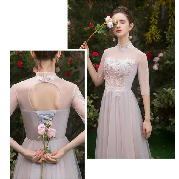 Chic / Beautiful Pearl Pink See-through Bridesmaid Dresses 2019 A-Line / Princess Appliques Lace Floor-Length / Long Ruffle Backless Wedding Party Dresses