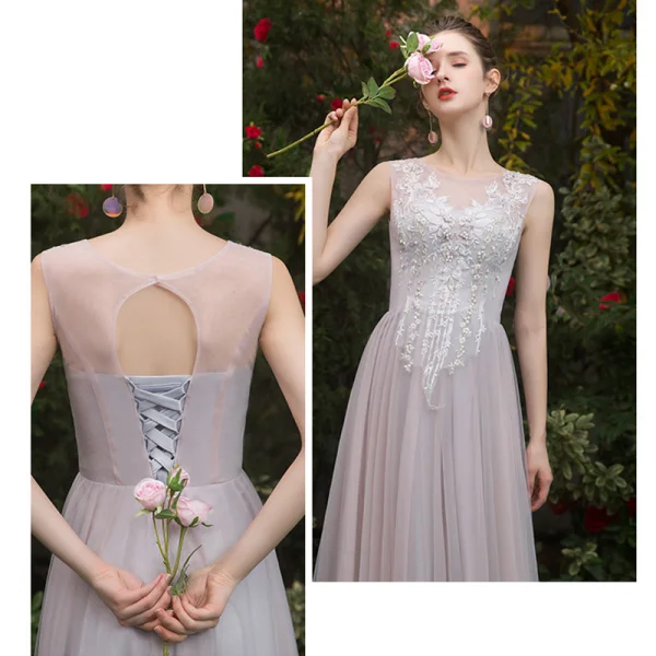 Chic / Beautiful Pearl Pink See-through Bridesmaid Dresses 2019 A-Line / Princess Appliques Lace Floor-Length / Long Ruffle Backless Wedding Party Dresses