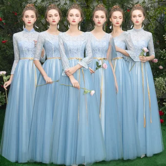 Prisvärd Blå Tärnklänningar 2019 Prinsessa Skärp Långa Ruffle Halterneck Klänning Till Bröllop