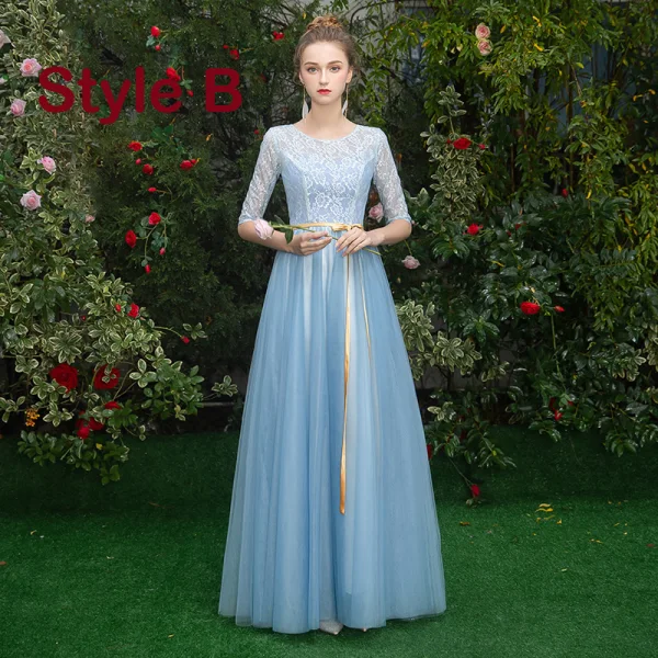 Affordable Pool Blue Bridesmaid Dresses 2019 A-Line Princess Sash Floor-Length Long