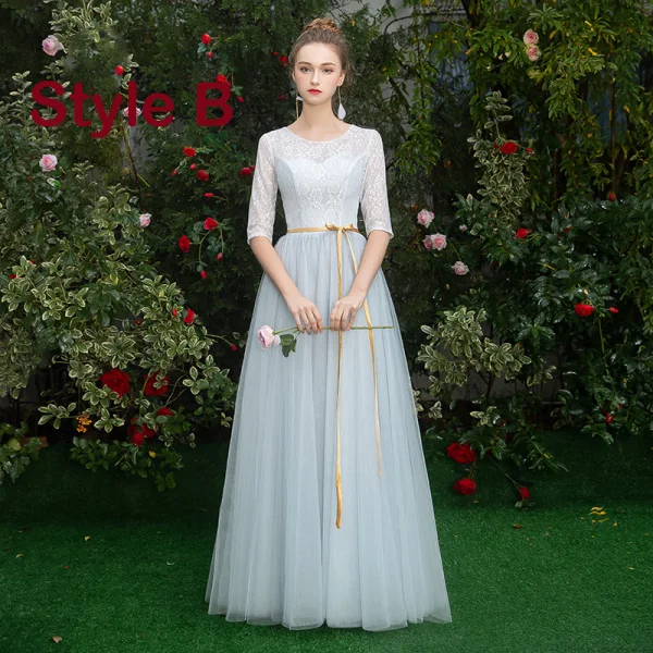 Affordable Sky Blue Bridesmaid Dresses 2019 A-Line / Princess Sash Floor-Length / Long Ruffle Backless Wedding Party Dresses