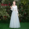 Affordable Sky Blue Bridesmaid Dresses 2019 A-Line / Princess Sash Floor-Length / Long Ruffle Backless Wedding Party Dresses