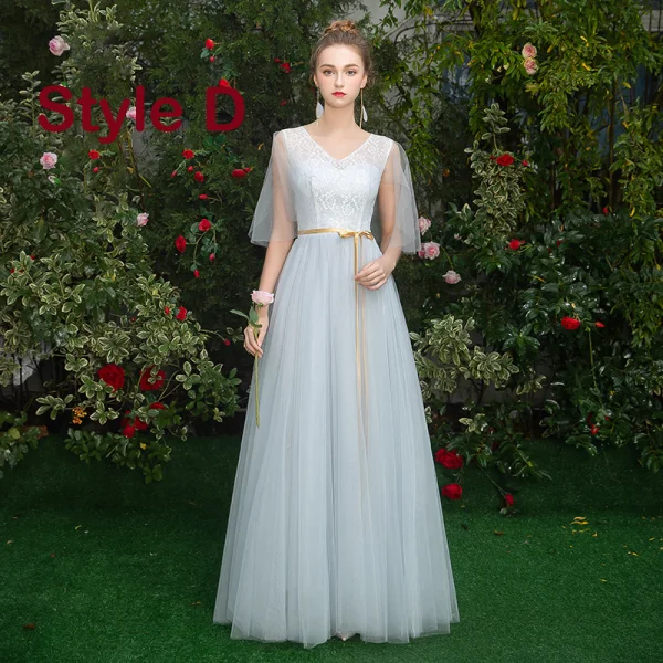 Affordable Sky Blue Bridesmaid Dresses 2019 A-Line / Princess Sash Floor-Length / Long Ruffle Backless Wedding Party Dresses