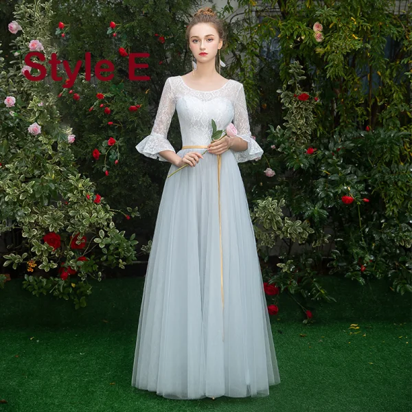 Affordable Sky Blue Bridesmaid Dresses 2019 A-Line / Princess Sash Floor-Length / Long Ruffle Backless Wedding Party Dresses