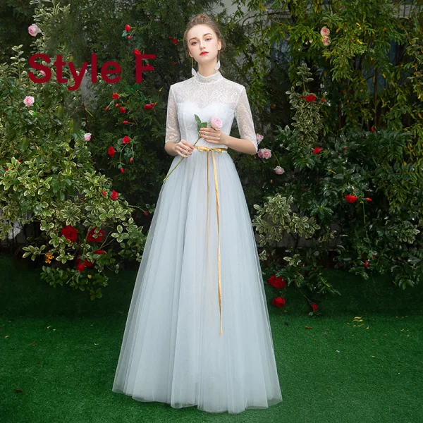 Affordable Sky Blue Bridesmaid Dresses 2019 A-Line / Princess Sash Floor-Length / Long Ruffle Backless Wedding Party Dresses
