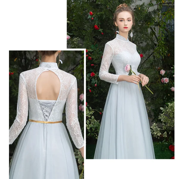 Affordable Sky Blue Bridesmaid Dresses 2019 A-Line / Princess Sash Floor-Length / Long Ruffle Backless Wedding Party Dresses