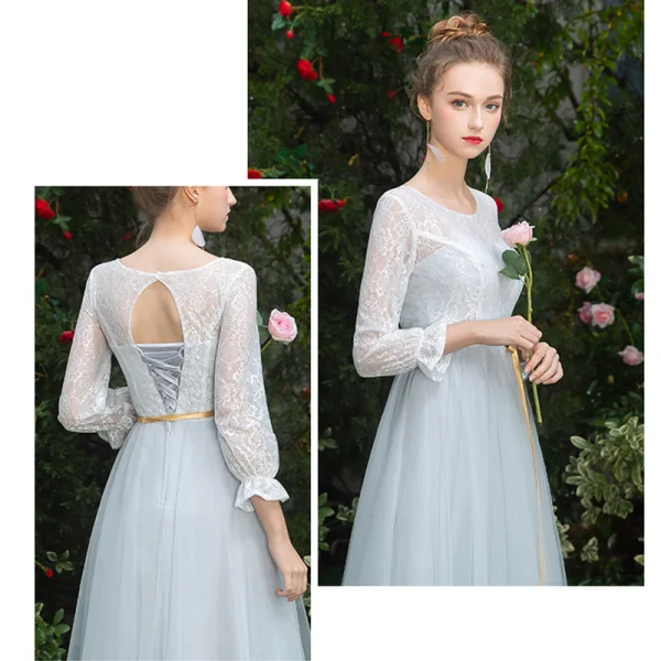 Affordable Sky Blue Bridesmaid Dresses 2019 A-Line / Princess Sash Floor-Length / Long Ruffle Backless Wedding Party Dresses