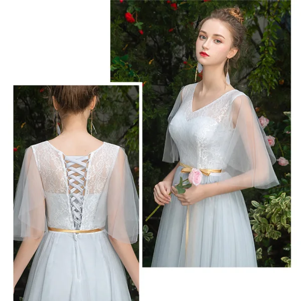 Affordable Sky Blue Bridesmaid Dresses 2019 A-Line / Princess Sash Floor-Length / Long Ruffle Backless Wedding Party Dresses