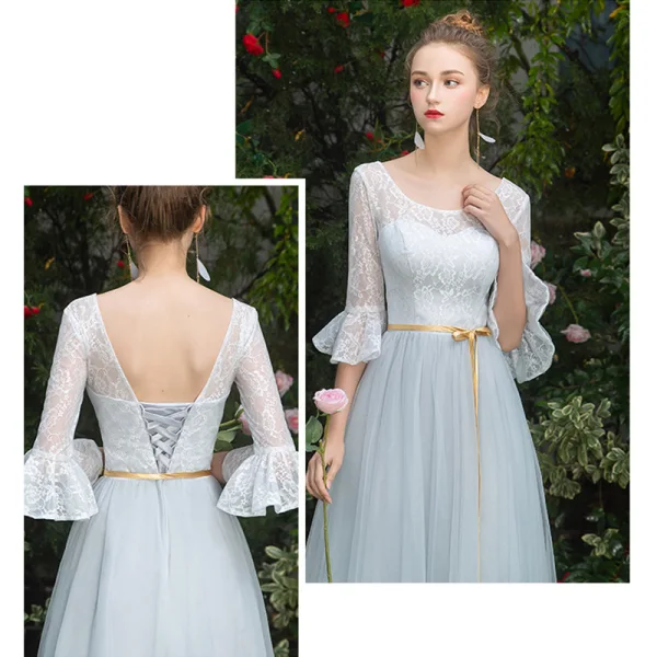 Affordable Sky Blue Bridesmaid Dresses 2019 A-Line / Princess Sash Floor-Length / Long Ruffle Backless Wedding Party Dresses
