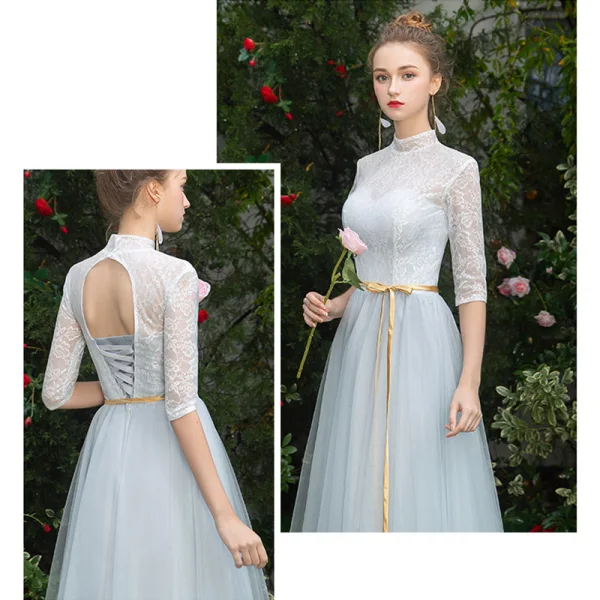 Affordable Sky Blue Bridesmaid Dresses 2019 A-Line / Princess Sash Floor-Length / Long Ruffle Backless Wedding Party Dresses