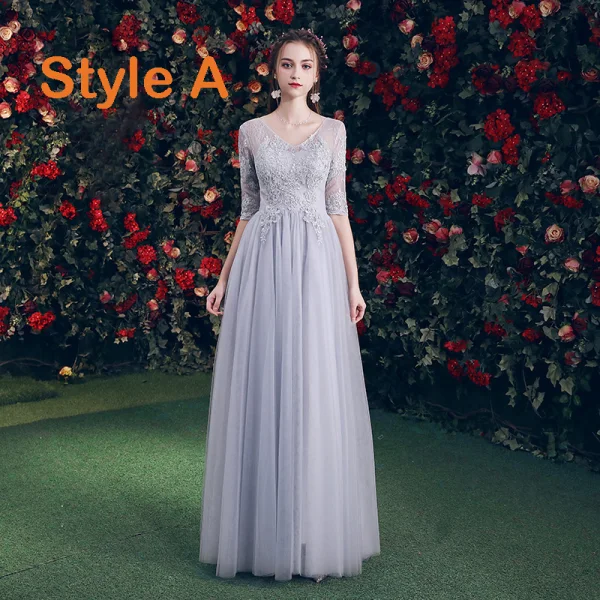 Chic / Beautiful Grey See-through Bridesmaid Dresses 2019 A-Line / Princess Appliques Lace Floor-Length / Long Ruffle Backless Wedding Party Dresses