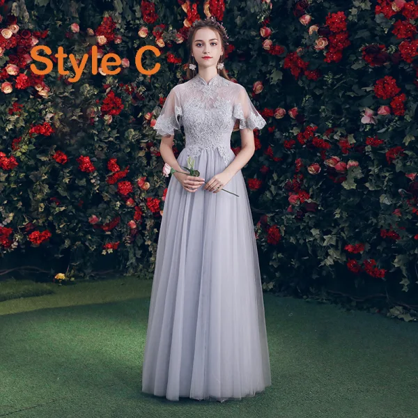Chic / Beautiful Grey See-through Bridesmaid Dresses 2019 A-Line / Princess Appliques Lace Floor-Length / Long Ruffle Backless Wedding Party Dresses