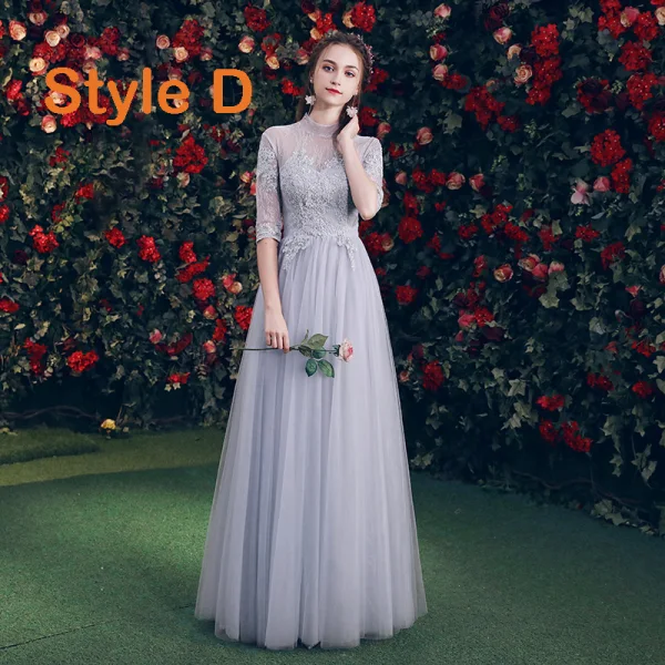 Chic / Beautiful Grey See-through Bridesmaid Dresses 2019 A-Line / Princess Appliques Lace Floor-Length / Long Ruffle Backless Wedding Party Dresses