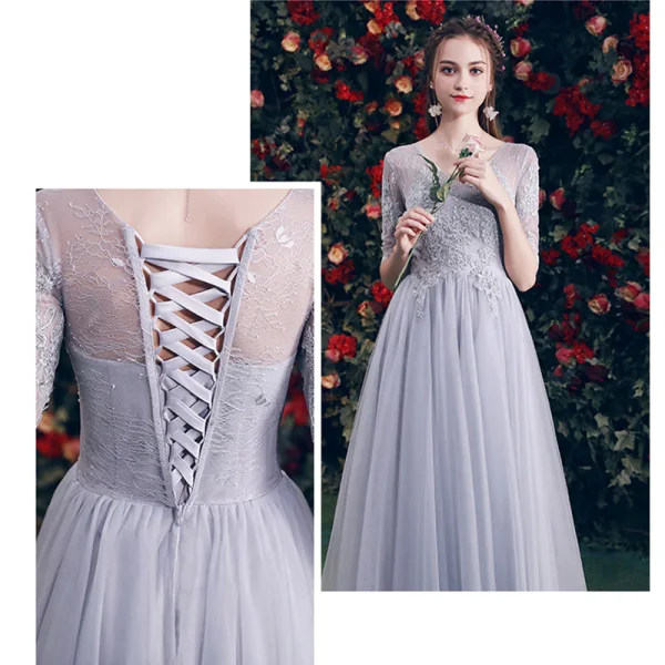 Chic / Beautiful Grey See-through Bridesmaid Dresses 2019 A-Line / Princess Appliques Lace Floor-Length / Long Ruffle Backless Wedding Party Dresses