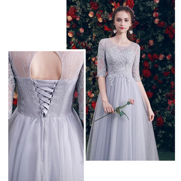 Chic / Beautiful Grey See-through Bridesmaid Dresses 2019 A-Line / Princess Appliques Lace Floor-Length / Long Ruffle Backless Wedding Party Dresses