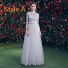 Affordable Grey Bridesmaid Dresses 2019 A-Line / Princess Bow Sash Floor-Length / Long Ruffle Backless Wedding Party Dresses