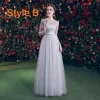 Affordable Grey Bridesmaid Dresses 2019 A-Line / Princess Bow Sash Floor-Length / Long Ruffle Backless Wedding Party Dresses