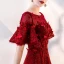 Chic / Belle Bordeaux Dentelle Robe De Soirée 2018 Empire Encolure Dégagée Manches Courtes Transparentes Appliques Fleur Faux Diamant Train De Balayage Volants Dos Nu Robe De Ceremonie
