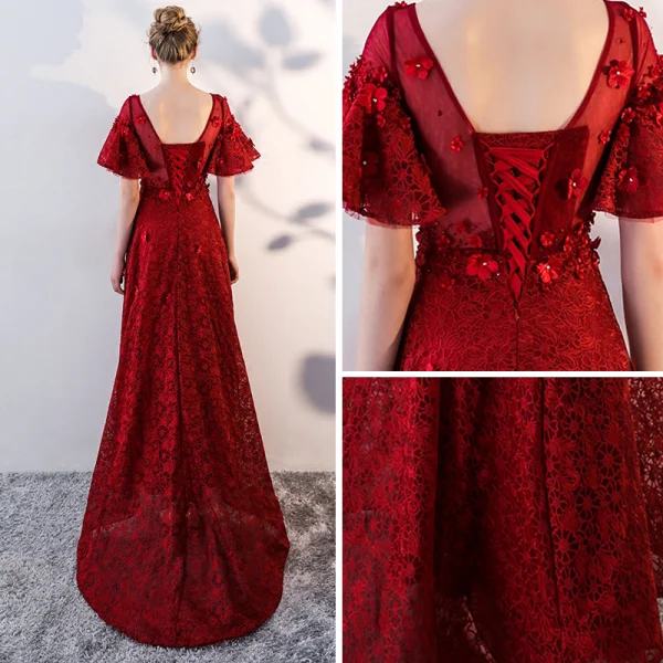 Chic / Belle Bordeaux Dentelle Robe De Soirée 2018 Empire Encolure Dégagée Manches Courtes Transparentes Appliques Fleur Faux Diamant Train De Balayage Volants Dos Nu Robe De Ceremonie