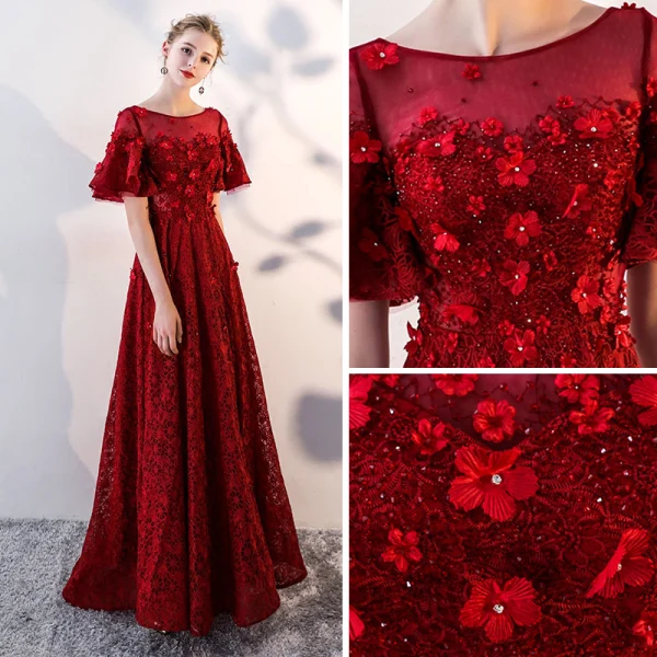 Chic / Belle Bordeaux Dentelle Robe De Soirée 2018 Empire Encolure Dégagée Manches Courtes Transparentes Appliques Fleur Faux Diamant Train De Balayage Volants Dos Nu Robe De Ceremonie