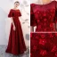 Chic / Belle Bordeaux Dentelle Robe De Soirée 2018 Empire Encolure Dégagée Manches Courtes Transparentes Appliques Fleur Faux Diamant Train De Balayage Volants Dos Nu Robe De Ceremonie