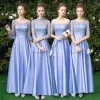 Affordable Sky Blue Satin Bridesmaid Dresses 2019 A-Line / Princess Floor-Length / Long Ruffle Backless Wedding Party Dresses