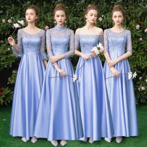 Erschwinglich Himmelblau Satin Brautjungfernkleider 2019 A Linie Lange Rüschen Rückenfreies Kleider Für Hochzeit