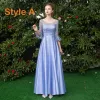 Affordable Sky Blue Satin Bridesmaid Dresses 2019 A-Line / Princess Floor-Length / Long Ruffle Backless Wedding Party Dresses