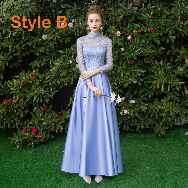 Affordable Sky Blue Satin Bridesmaid Dresses 2019 A-Line / Princess Floor-Length / Long Ruffle Backless Wedding Party Dresses