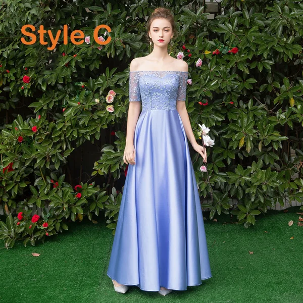 Affordable Sky Blue Satin Bridesmaid Dresses 2019 A-Line / Princess Floor-Length / Long Ruffle Backless Wedding Party Dresses