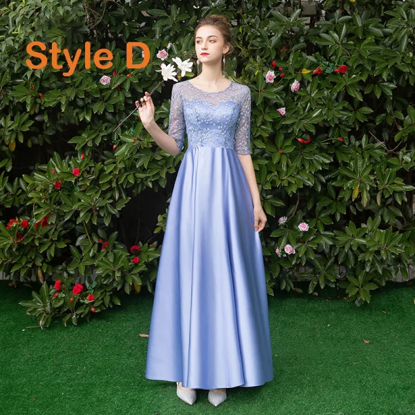 Affordable Sky Blue Satin Bridesmaid Dresses 2019 A-Line / Princess Floor-Length / Long Ruffle Backless Wedding Party Dresses
