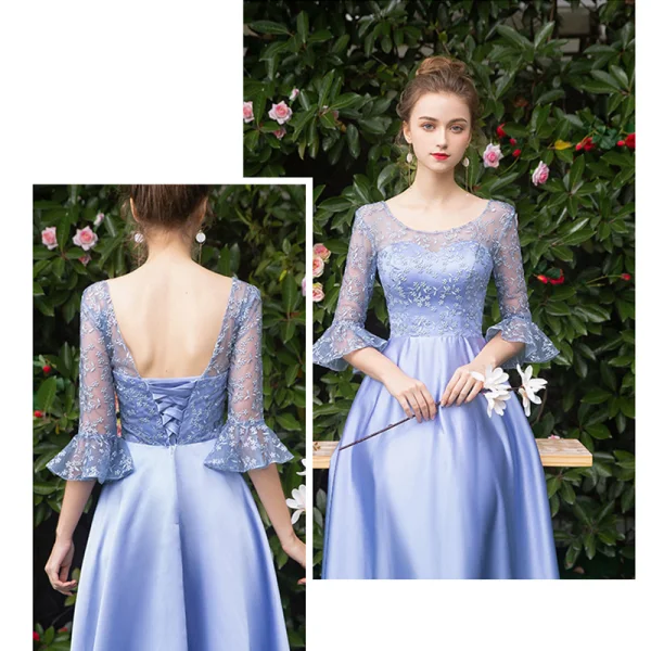Affordable Sky Blue Satin Bridesmaid Dresses 2019 A-Line / Princess Floor-Length / Long Ruffle Backless Wedding Party Dresses