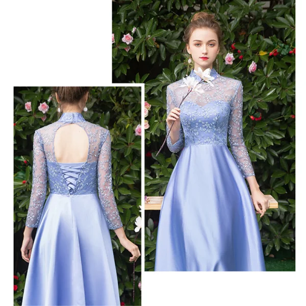 Affordable Sky Blue Satin Bridesmaid Dresses 2019 A-Line / Princess Floor-Length / Long Ruffle Backless Wedding Party Dresses