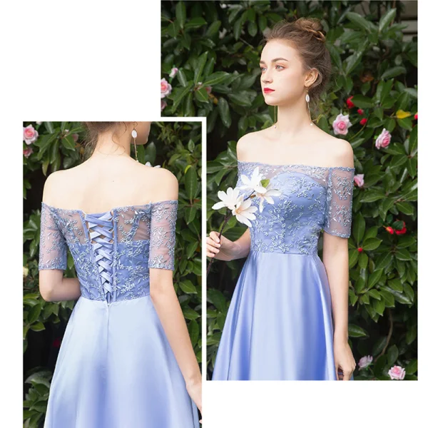 Affordable Sky Blue Satin Bridesmaid Dresses 2019 A-Line / Princess Floor-Length / Long Ruffle Backless Wedding Party Dresses